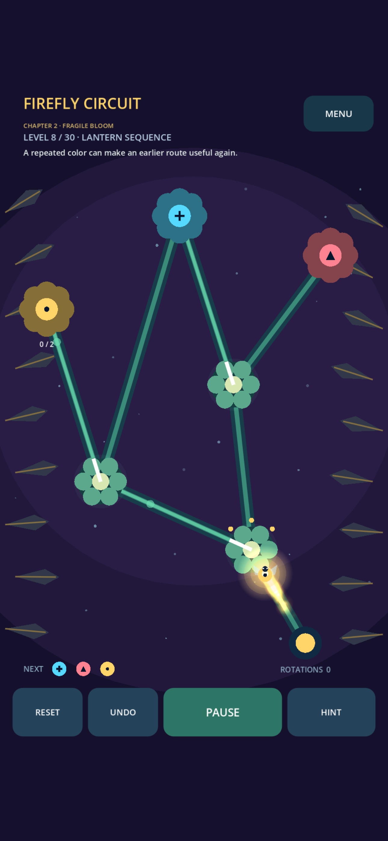 A glowing firefly traveling through a flower circuit in the game